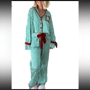 Women’s Pajama Set XL Green White Striped Button-Down Top & Pants